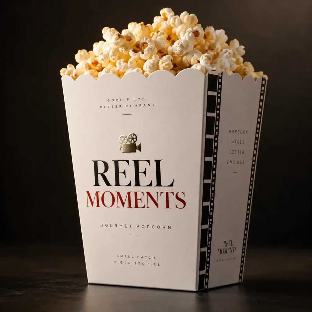 White gourmet popcorn box packaging design with film reel motif, bold black and red Reel Moments branding, overflowing with fresh popcorn