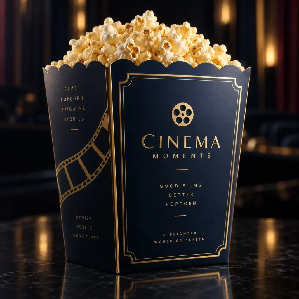 Luxury navy gold Cinema Moments popcorn box packaging design filled with popcorn, elegant film reel branding, dark theatrical background