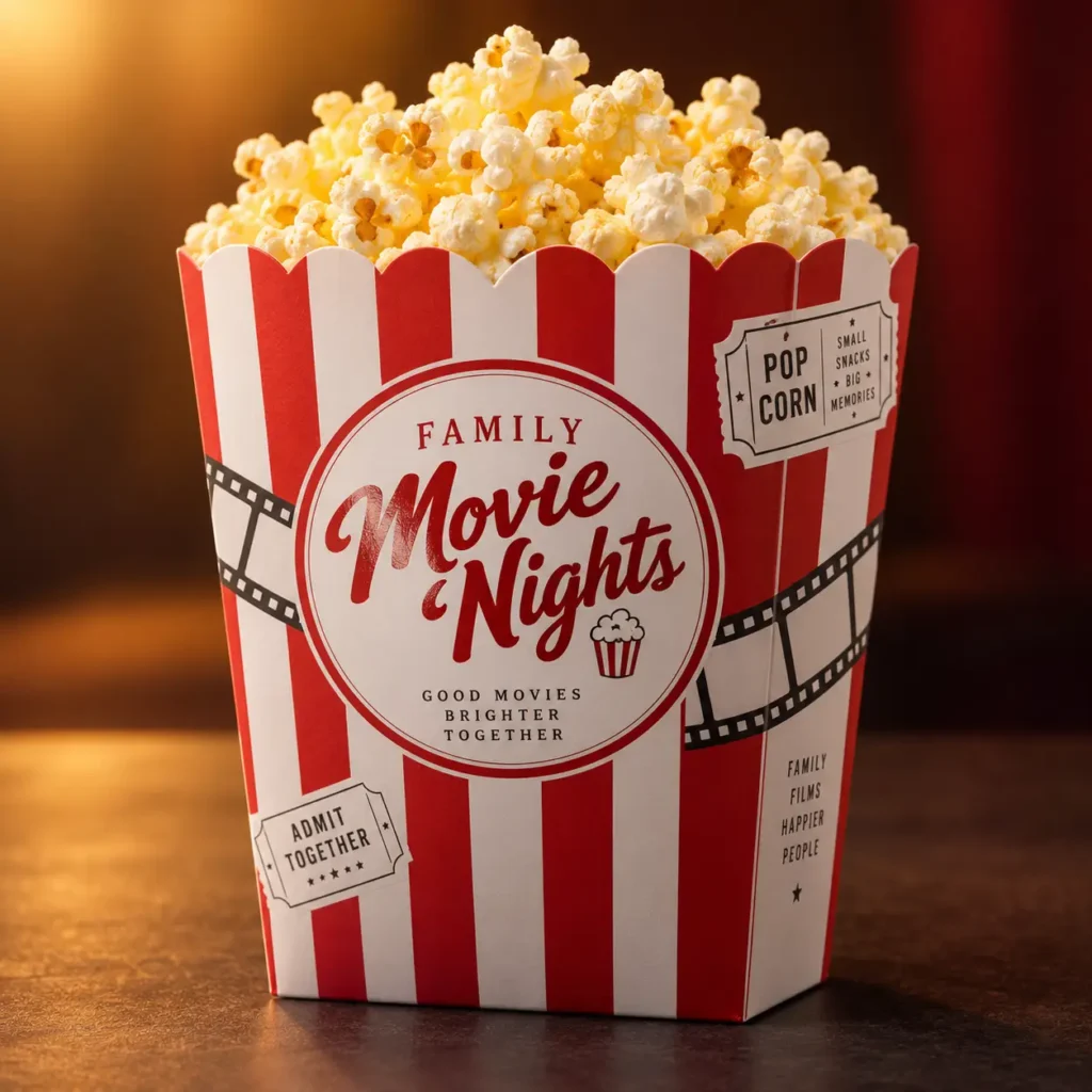 Red and white striped Family Movie Nights popcorn box packaging overflowing with buttery popcorn, warm cinematic lighting