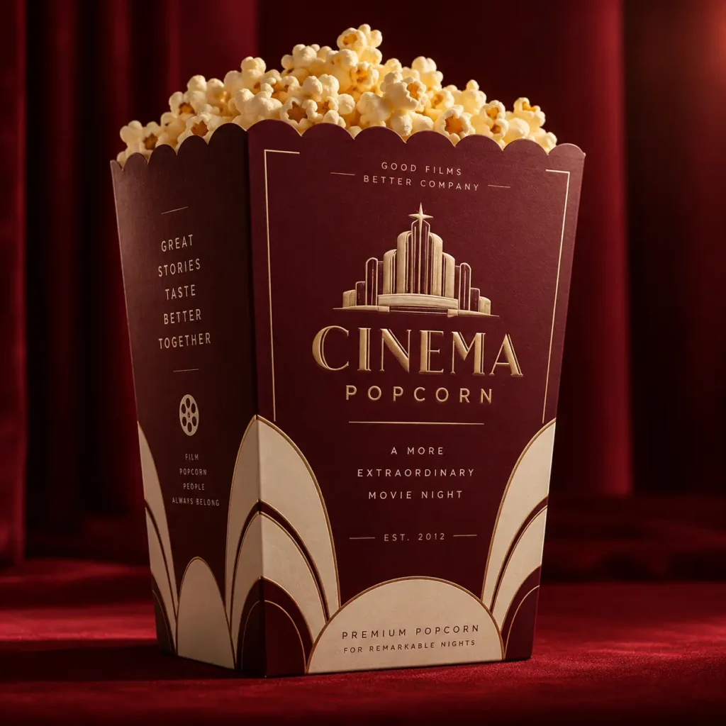 Luxury cinema popcorn box packaging design in deep burgundy and gold Art Deco style, filled with fresh popcorn on red velvet background