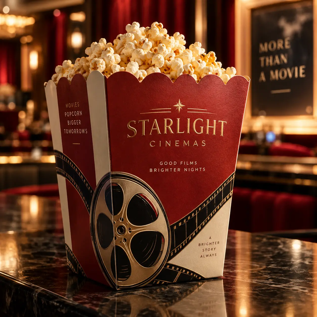 Starlight Cinemas red gold popcorn box with film reel design overflowing with popcorn on marble counter in luxury theater