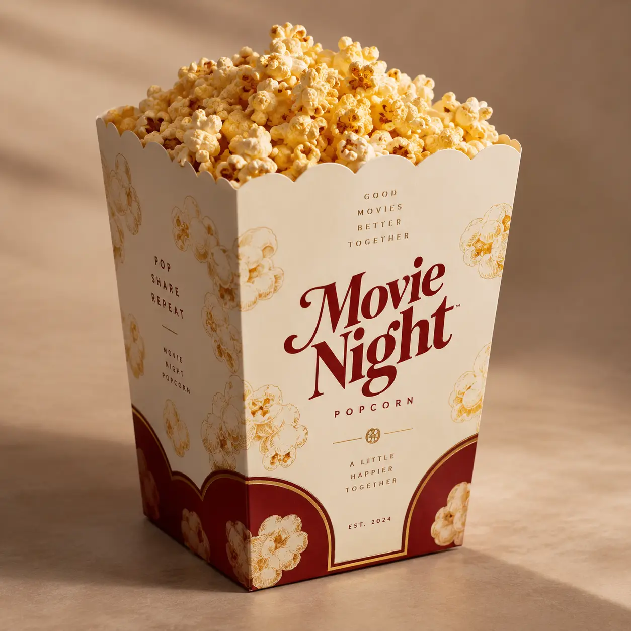 Elegant Movie Night Popcorn box packaging, cream and burgundy design, overflowing buttery popcorn, EST. 2024 branding, warm studio light