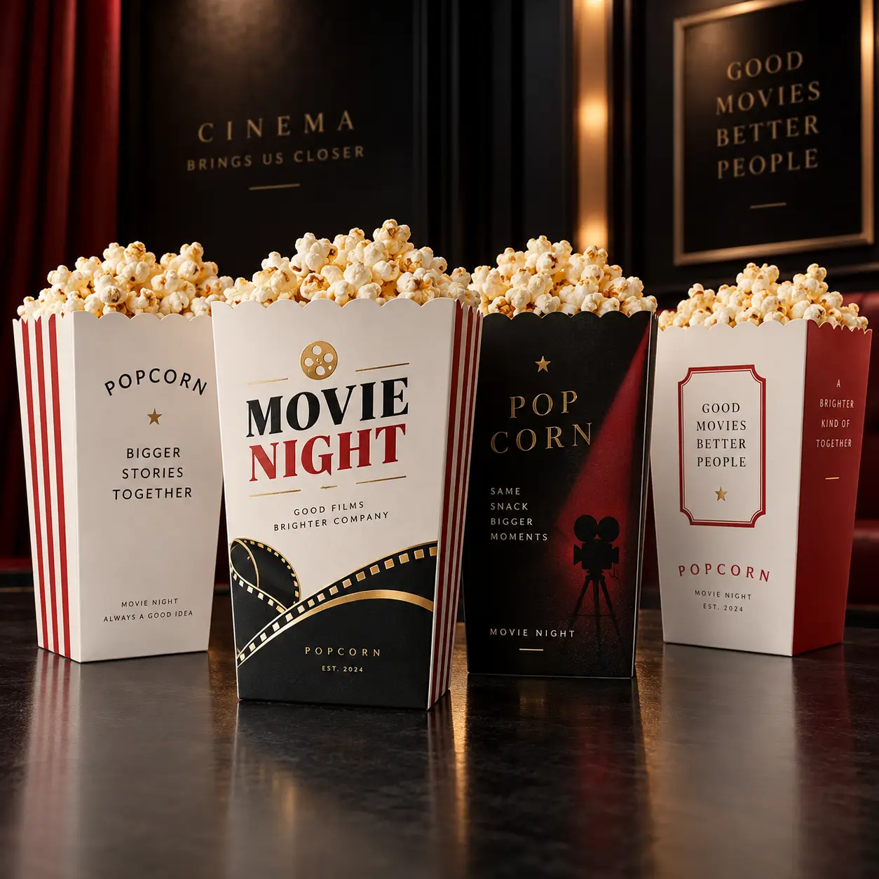 Four cinema-themed popcorn boxes in red, white, and black with gold accents, filled with popcorn, movie night packaging design