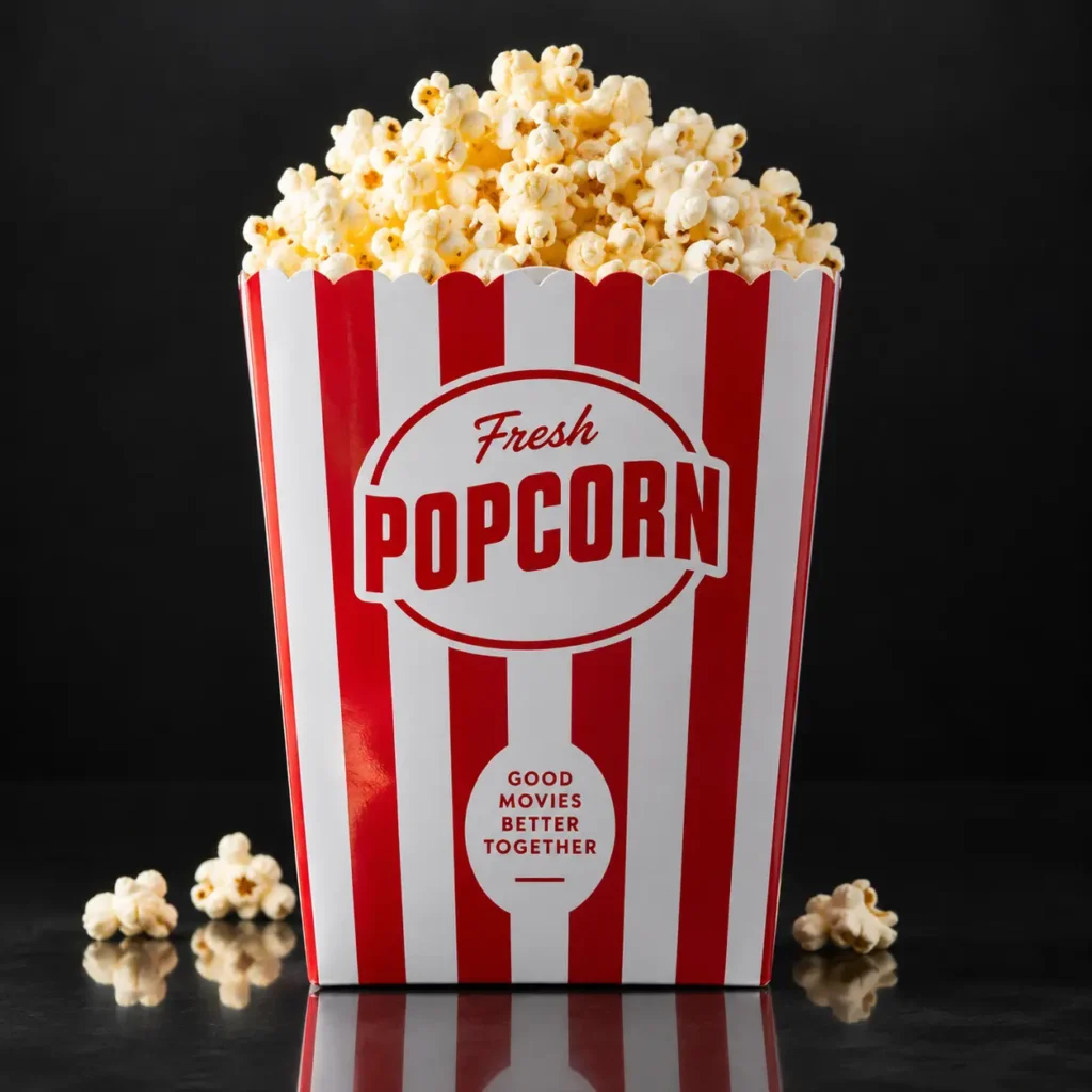 Red and white striped fresh popcorn box overflowing with buttery popcorn on black background, custom food packaging design