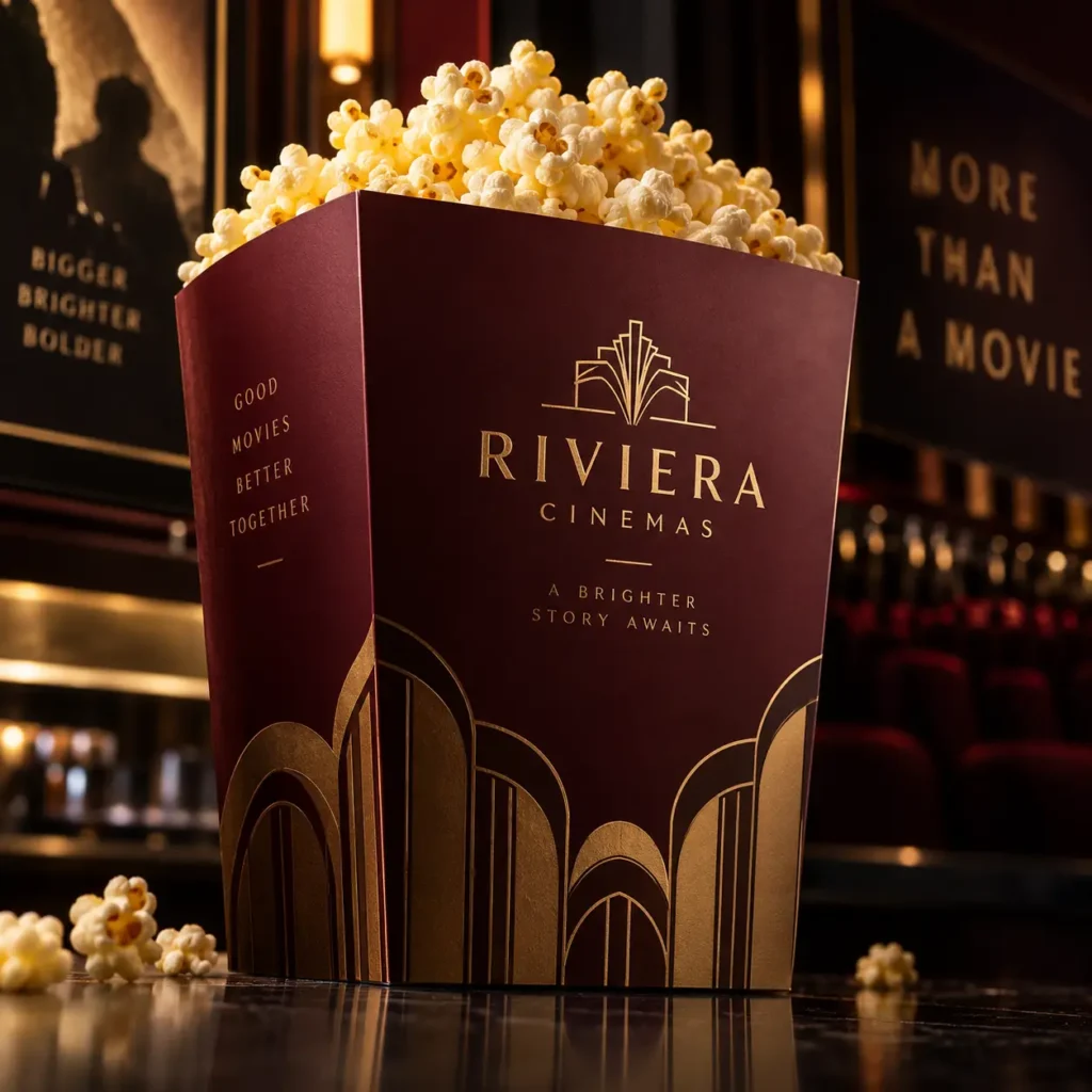 Riviera Cinemas luxury popcorn box packaging in deep burgundy and gold Art Deco design with tagline A Brighter Story Awaits