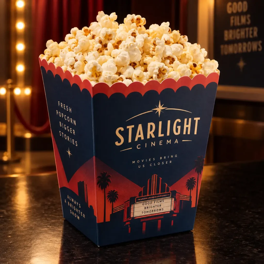Navy red Starlight Cinema popcorn box overflowing with fresh popcorn, retro Hollywood theater design, custom food packaging