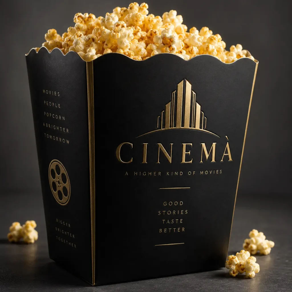 Luxury black gold Cinema popcorn box packaging design with elegant Art Deco logo and premium branding typography