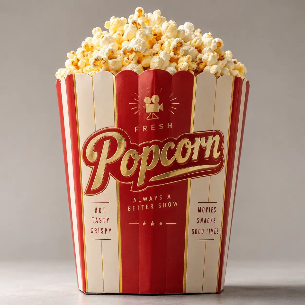 Red and white striped fresh popcorn box with gold vintage typography, overflowing with buttery popcorn, retro cinema packaging design