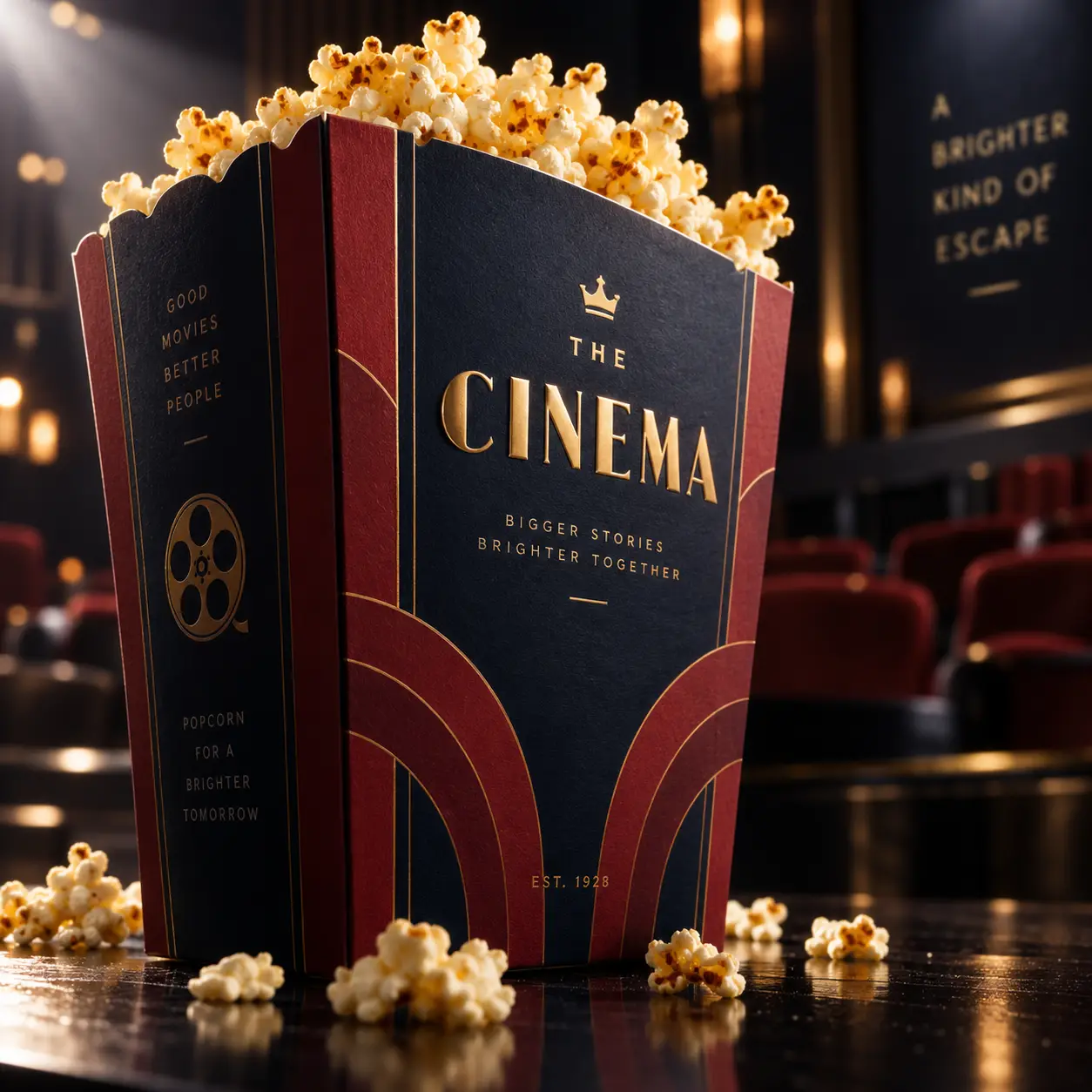 Luxury navy red gold cinema popcorn box packaging design EST.1928 art deco style in dark theater setting