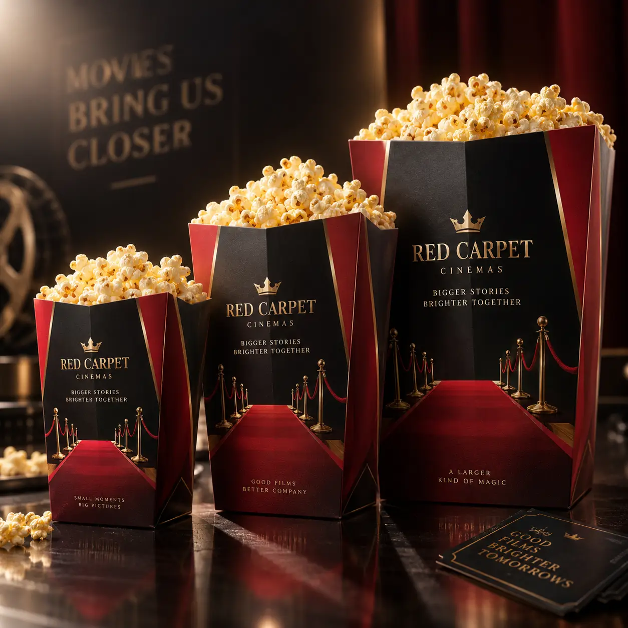 Three black red gold Red Carpet Cinemas luxury popcorn boxes in small medium large sizes with cinema branding on reflective surface