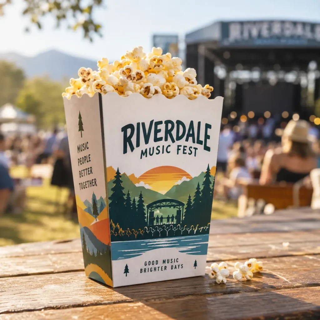 Riverdale Music Fest branded popcorn box with sunset mountain festival design on wooden table at outdoor concert venue