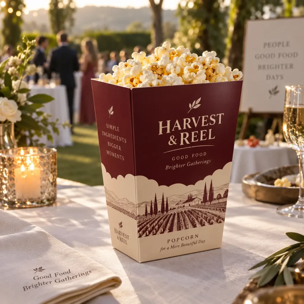 Harvest & Reel burgundy popcorn box packaging at elegant outdoor wedding reception with candles and white roses