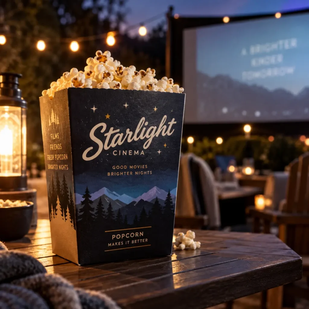 Starlight Cinema navy popcorn box with gold typography at outdoor movie night, string lights, mountain forest design, rustic wood table