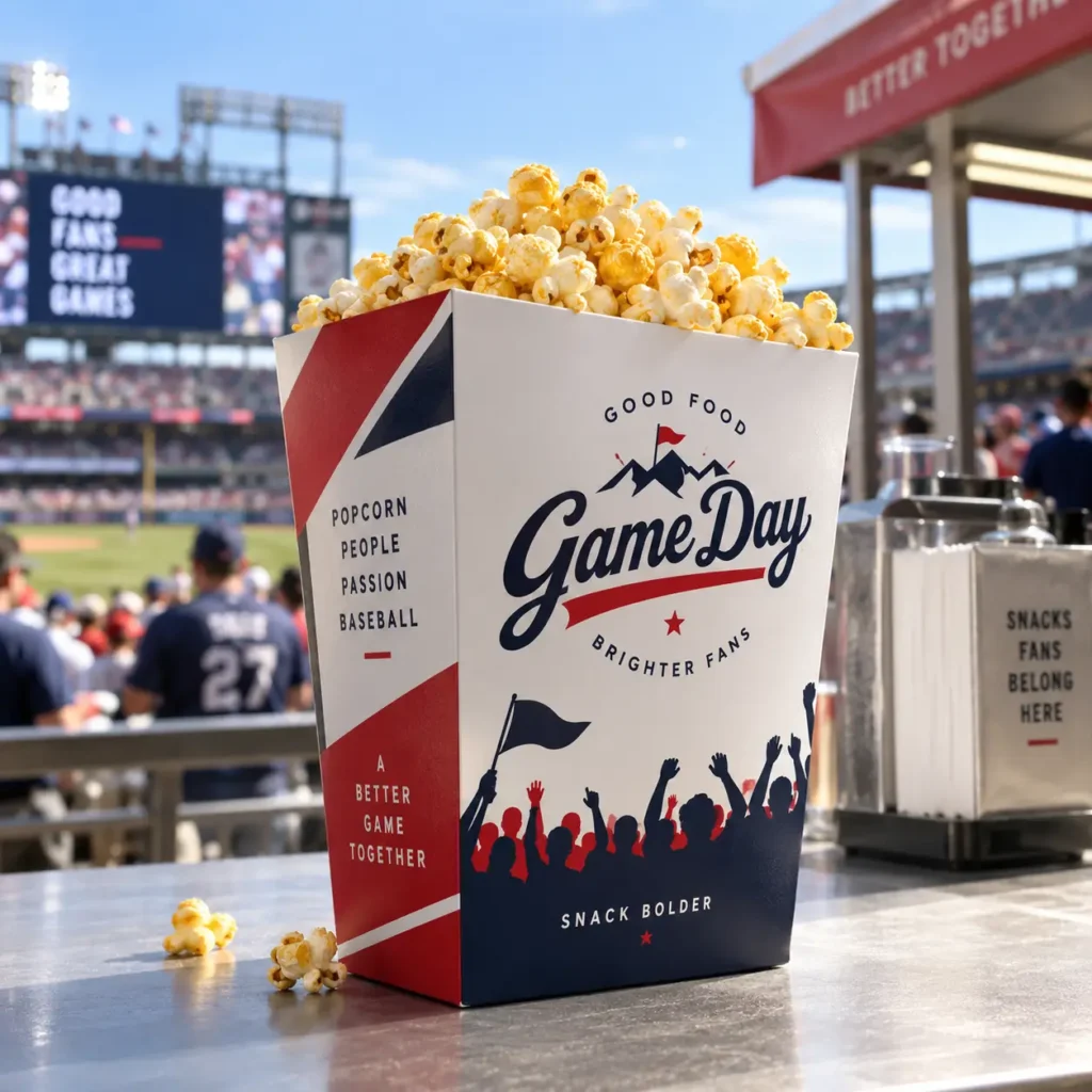 Red white navy Game Day popcorn box at baseball stadium, crowd silhouettes, snack packaging design by The Packaging Masters