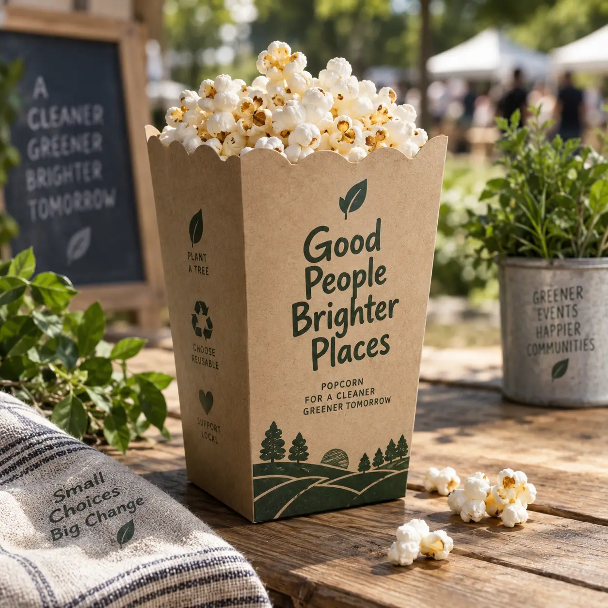 Eco-friendly kraft popcorn box printed with Good People Brighter Places at outdoor green market, sustainable food packaging design