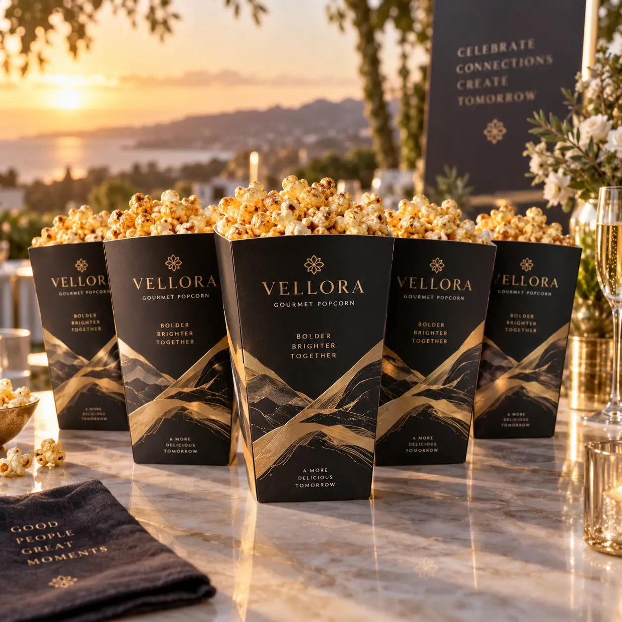 Luxury black gold Vellora Gourmet Popcorn boxes at elegant sunset event, marble table, champagne, premium packaging design