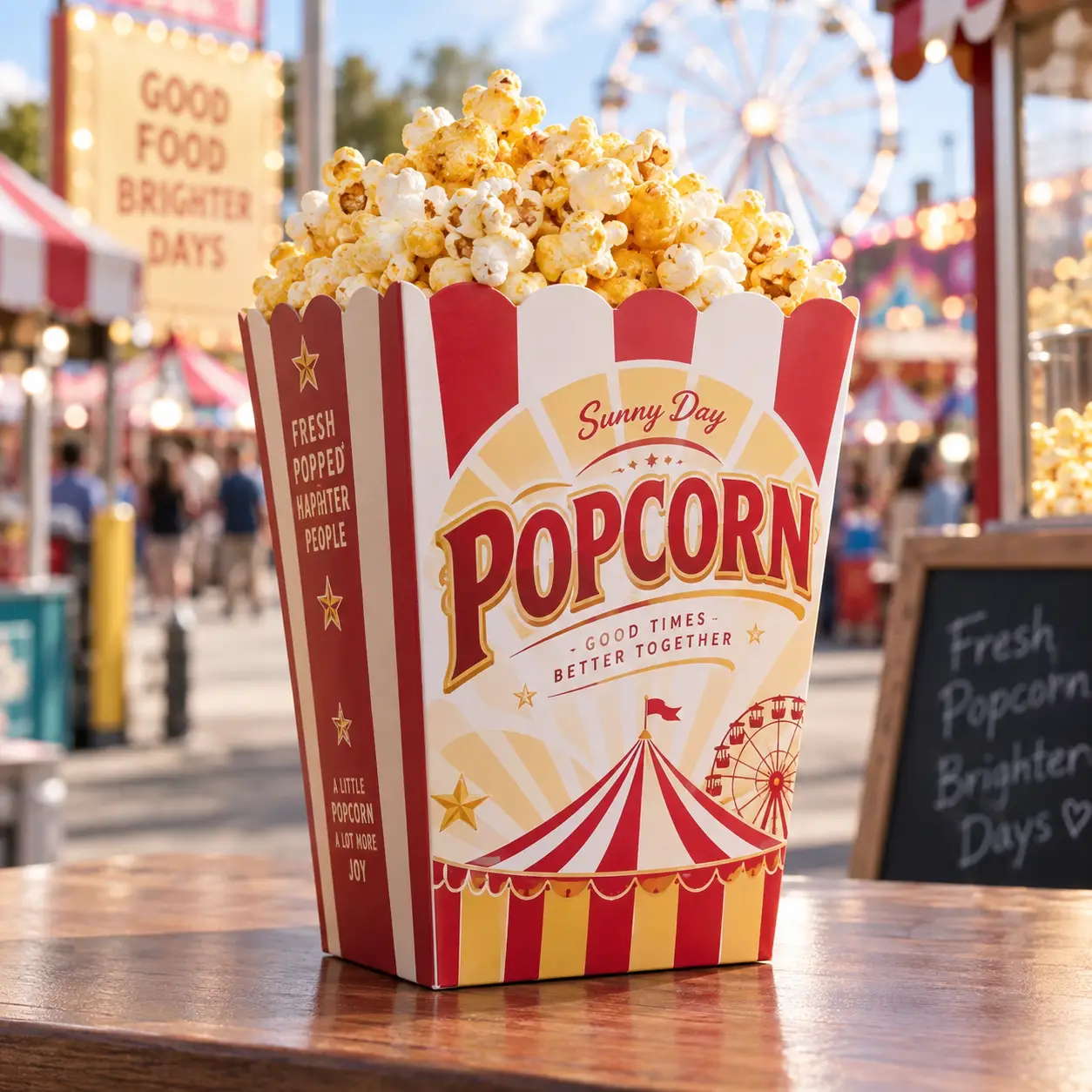 Red and yellow striped carnival popcorn box overflowing with fresh popcorn at sunny fairground, custom food packaging design