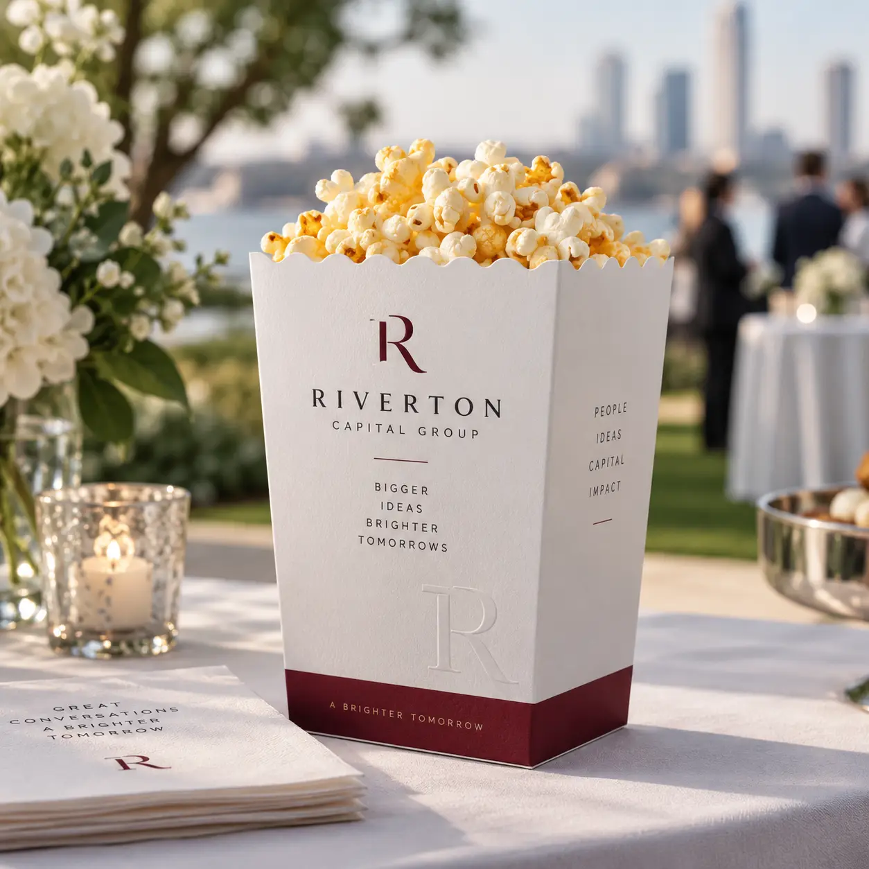 Elegant white custom branded popcorn box for Riverton Capital Group at luxury outdoor corporate event with city skyline backdrop