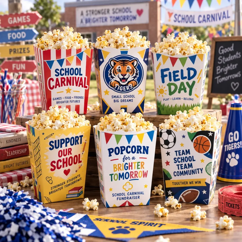 Colorful custom school carnival popcorn boxes in red, blue, yellow displaying Tigers mascot, Field Day, fundraiser themes on wooden table