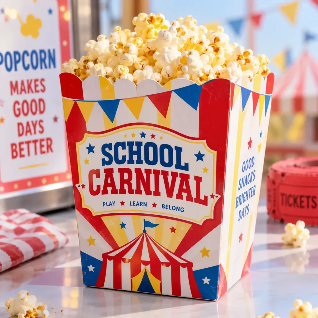 Red, white, and yellow school carnival popcorn box filled with fresh popcorn, circus tent design, custom event packaging