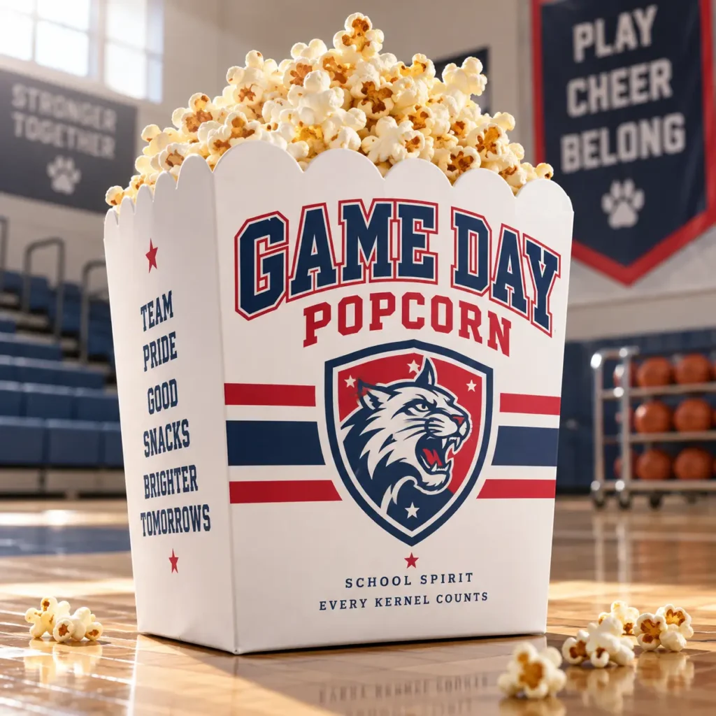 White custom popcorn box with navy blue and red game day school spirit design featuring wildcat mascot logo in gym setting