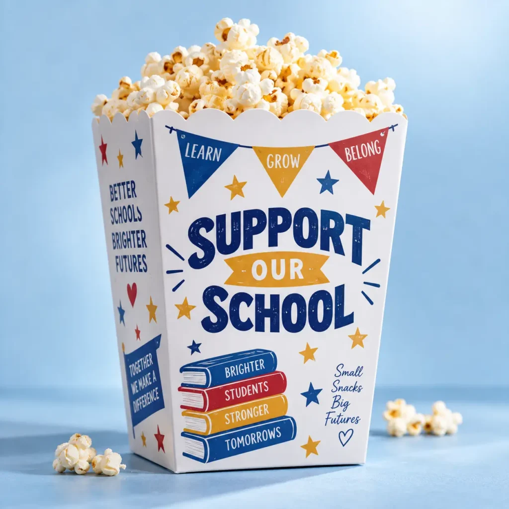 White school fundraiser popcorn box with blue gold red Learn Grow Belong design filled with popcorn on blue background