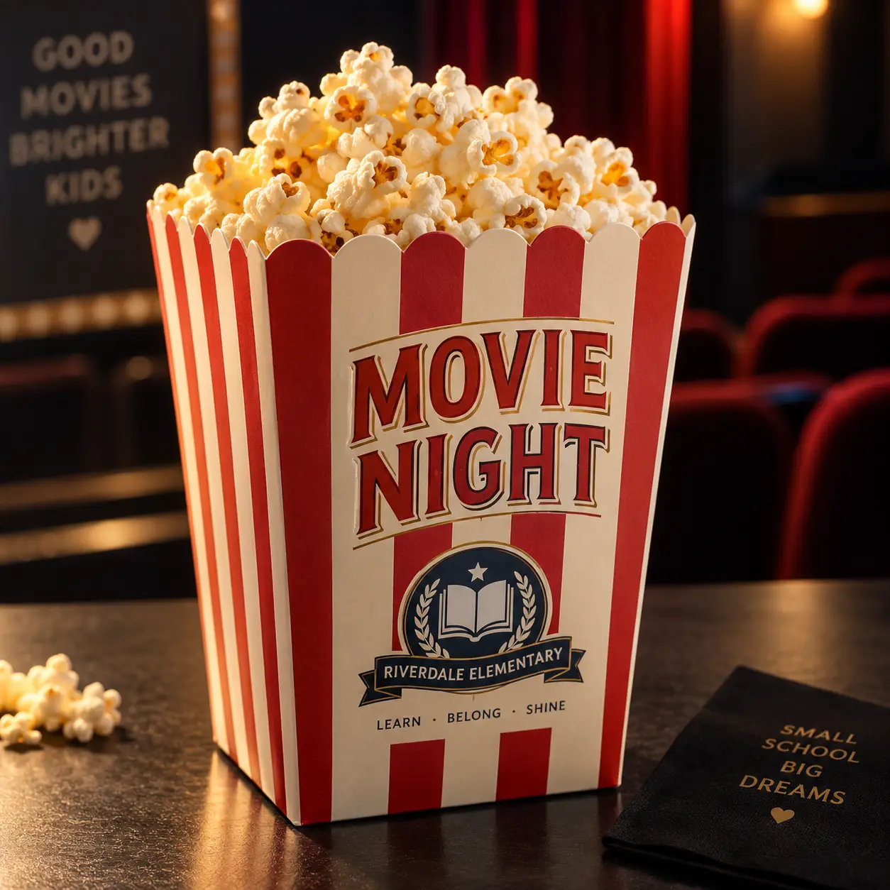 Red and white striped Movie Night popcorn box for Riverdale Elementary school fundraiser, overflowing with fresh popcorn, cinema backdrop