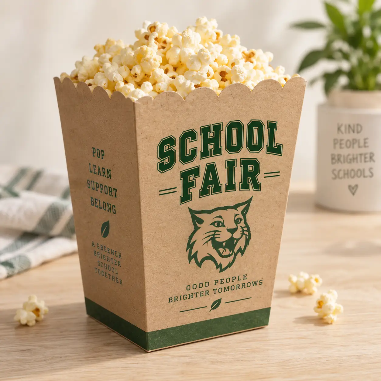 Kraft popcorn box with green School Fair wildcat mascot branding, filled with popcorn, custom event packaging by The Packaging Masters