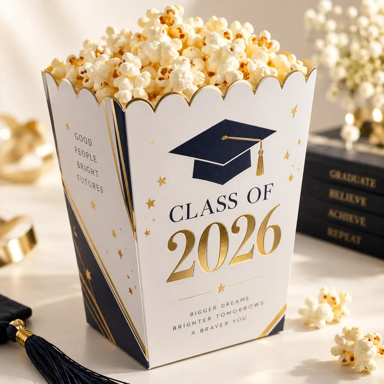 White and navy Class of 2026 graduation popcorn box with gold foil text, filled with popcorn, star accents, mortarboard design