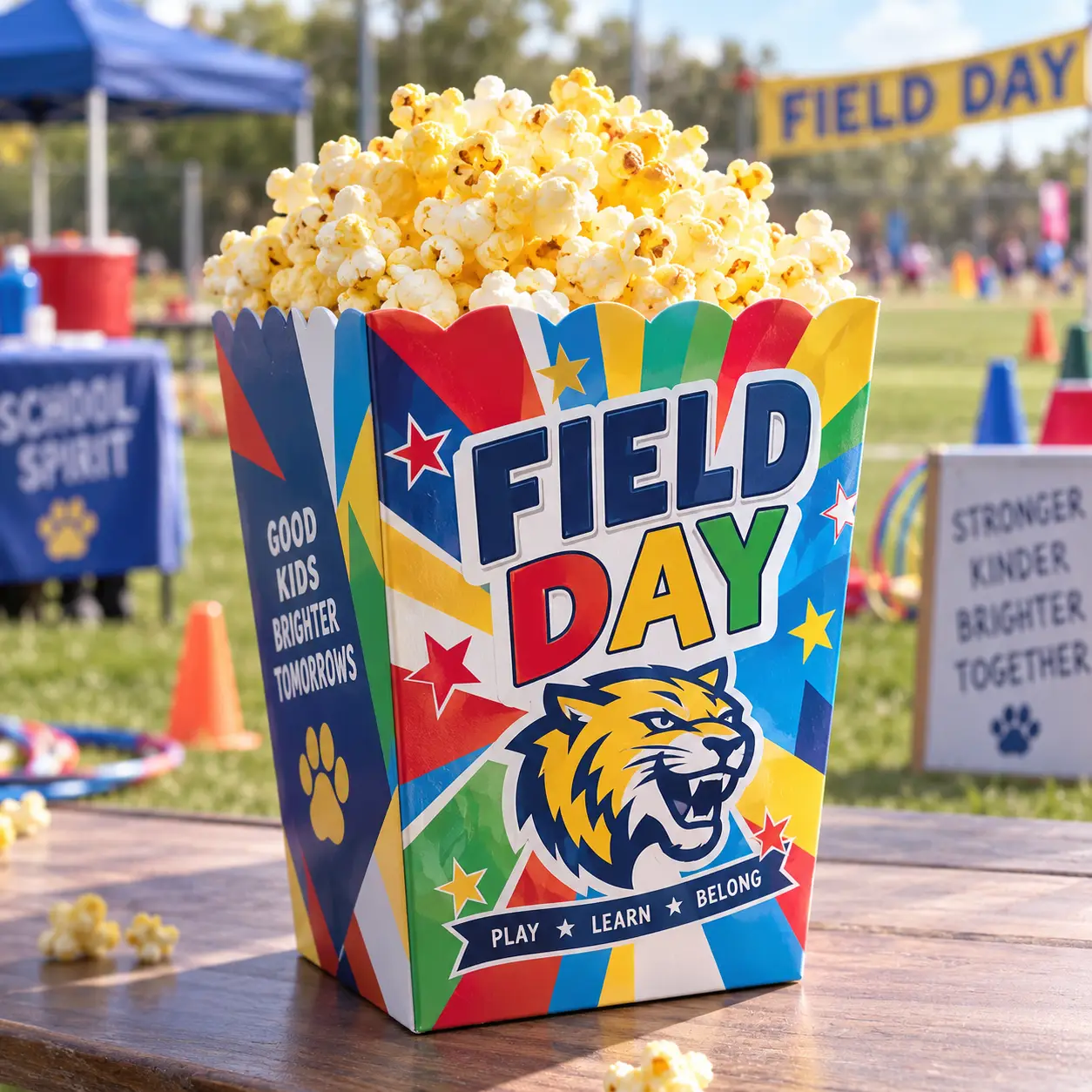 Colorful Field Day custom popcorn box with tiger mascot, stars, and Play Learn Belong slogan at school outdoor event