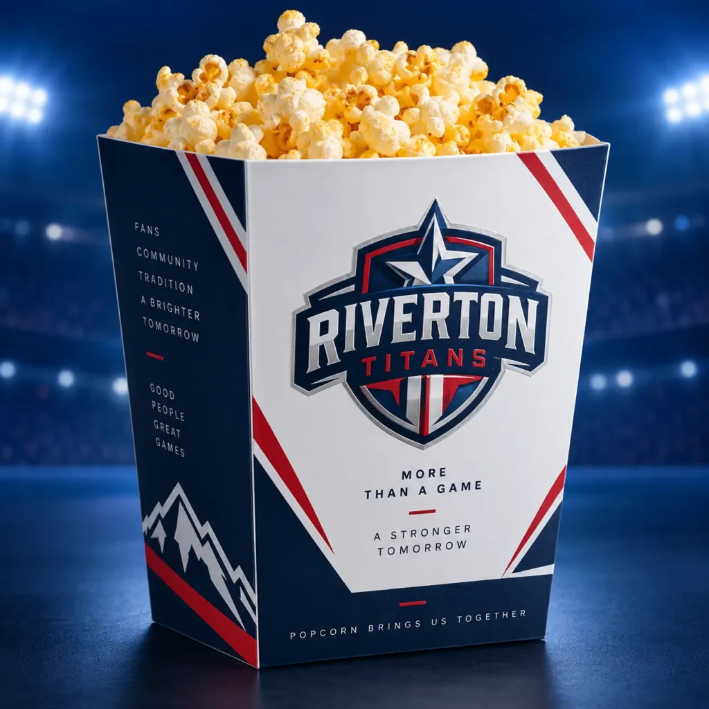 Riverton Titans navy blue custom popcorn box with red accents, team logo, stadium lights background, sports packaging design