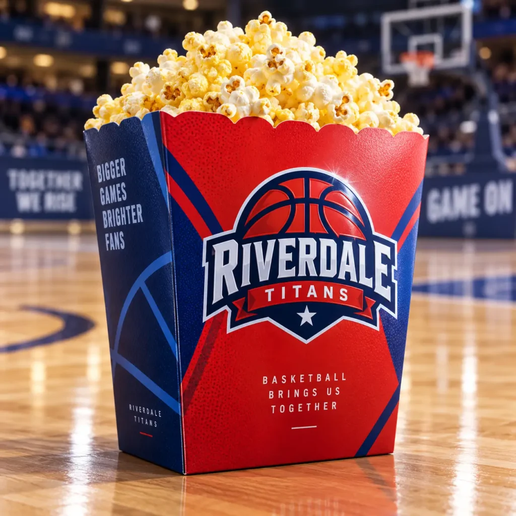 Riverdale Titans custom basketball popcorn box in red and blue on court, branded sports team concession packaging by The Packaging Masters