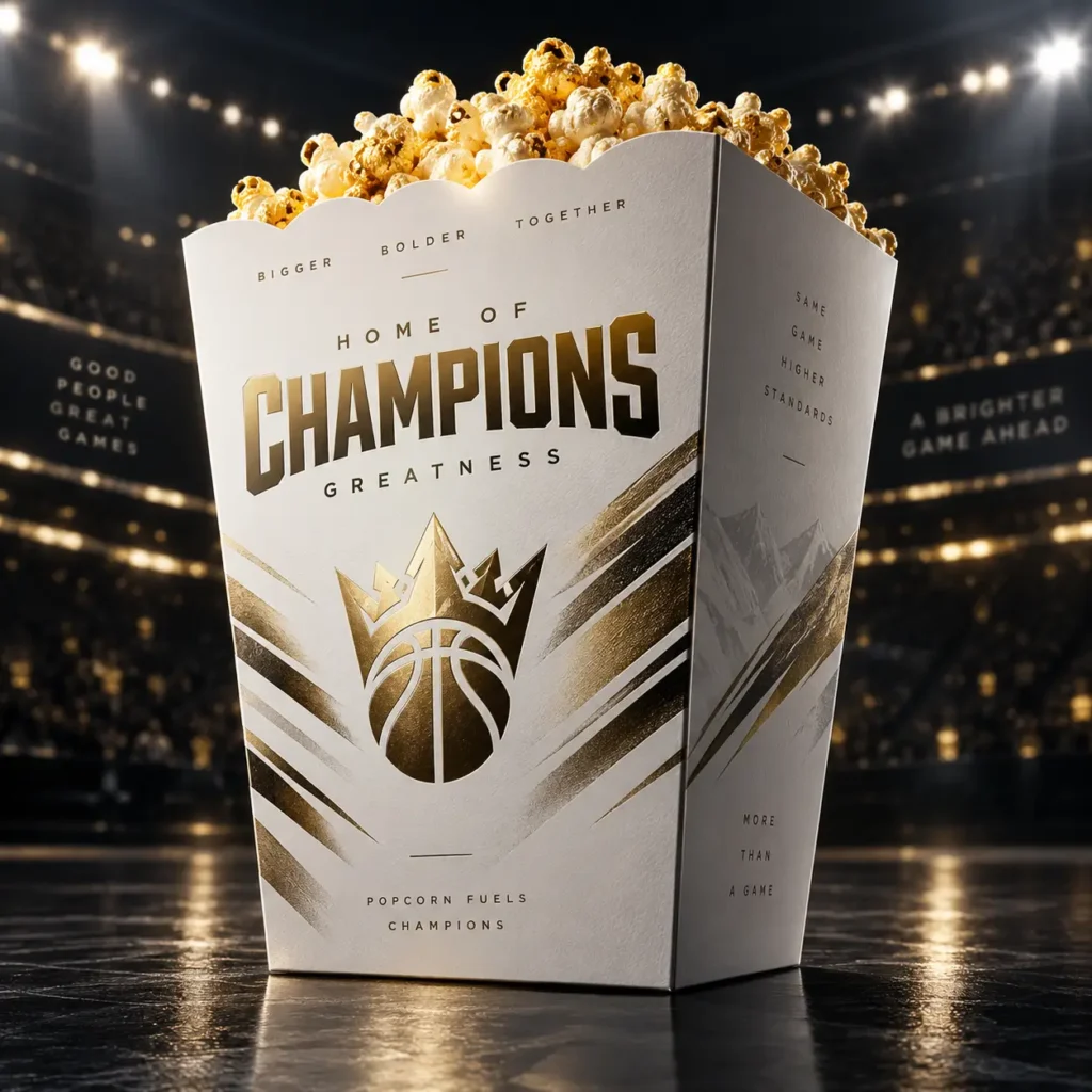 White gold basketball popcorn box packaging design with champions crown logo, stadium lights background, luxury sports branding