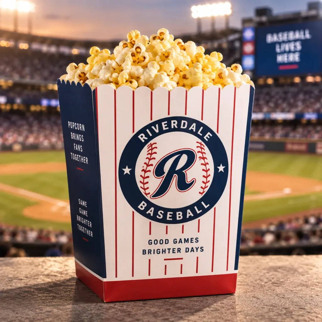 Riverdale Baseball branded popcorn box, navy red white stripes, stadium background, custom sports packaging design, good games brighter days