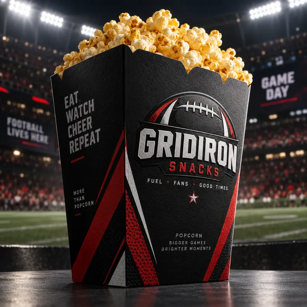Black football-themed Gridiron Snacks popcorn box overflowing with caramel popcorn, red accents, stadium background, game day packaging design