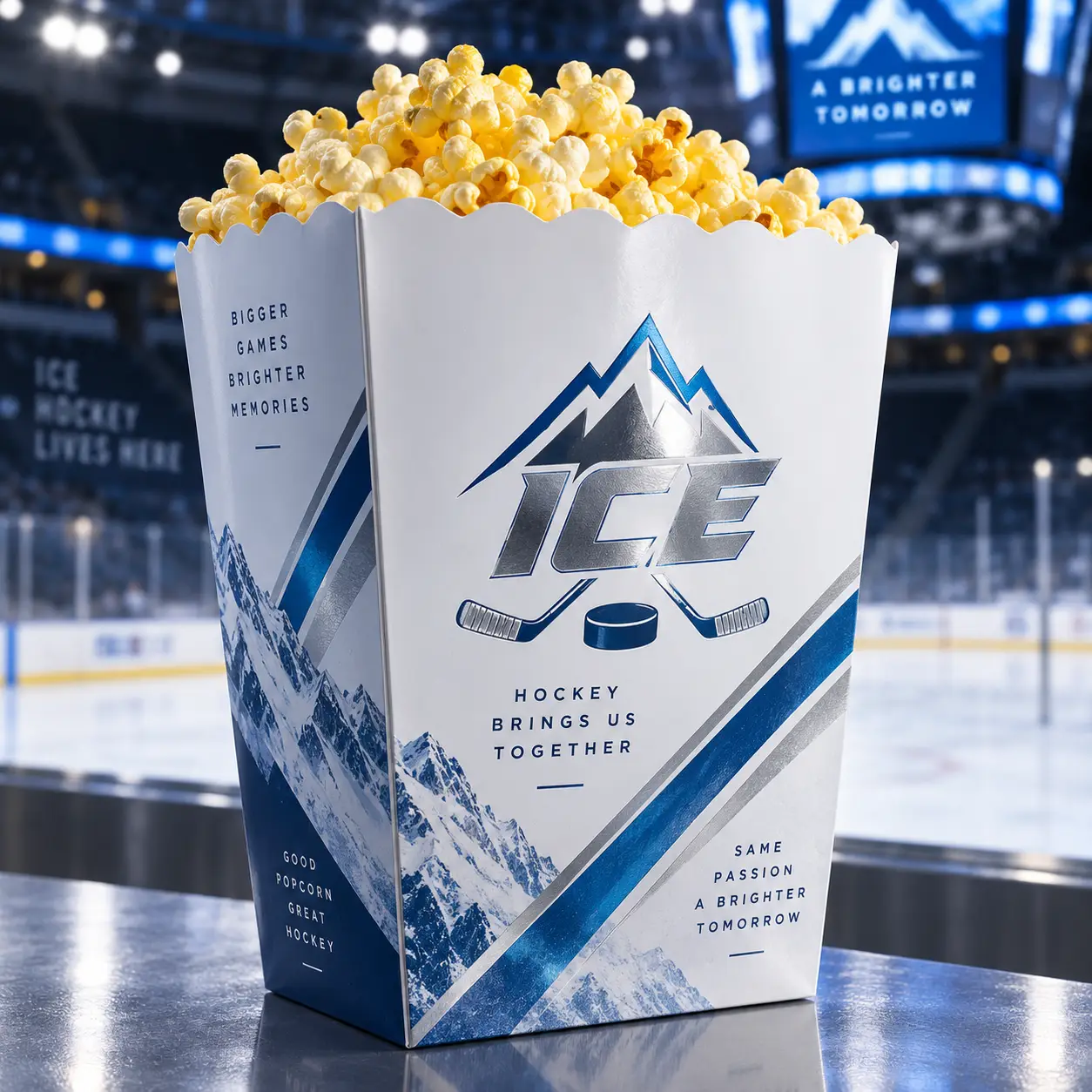 Custom hockey arena popcorn box with blue silver ICE branding, mountain graphics, filled with popcorn, rinkside setting