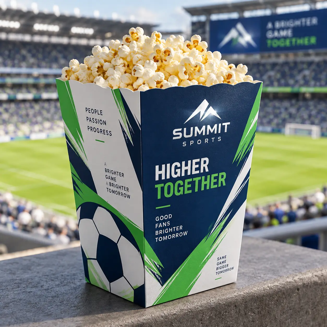 Summit Sports branded popcorn box in navy blue and green at soccer stadium, Higher Together slogan, custom sports packaging design