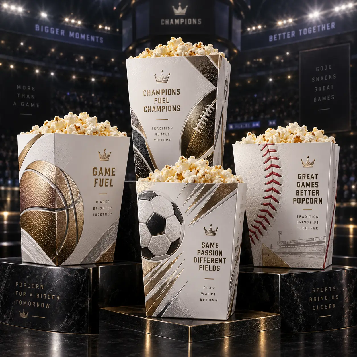 Four sports-themed white gold popcorn boxes featuring basketball soccer football baseball designs displayed on black marble pedestals in stadium