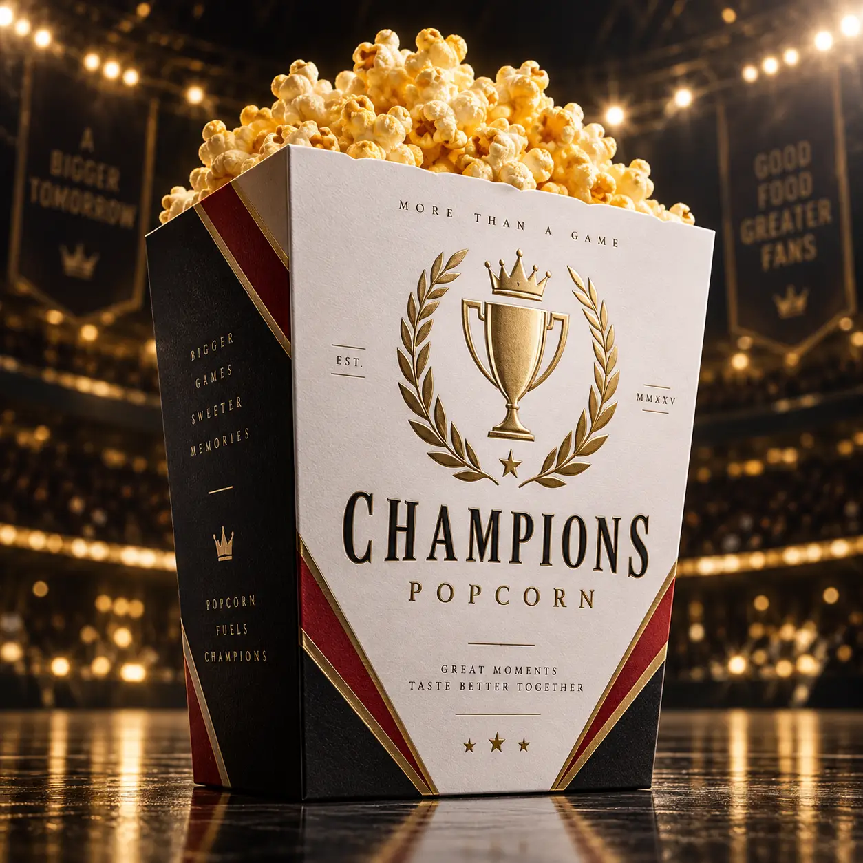 Champions Popcorn gold trophy box packaging design, black white red, stadium lights backdrop, premium sports snack branding