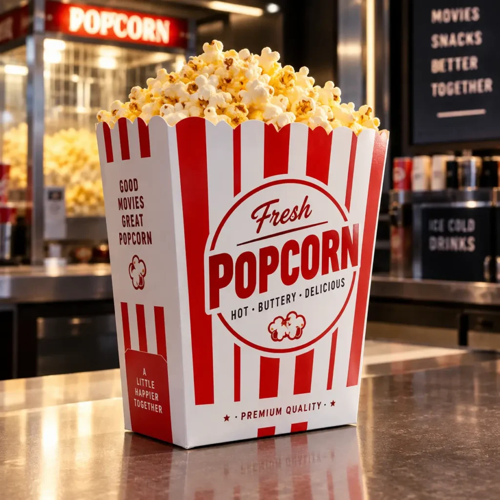 Red and white striped fresh popcorn box overflowing with buttery popcorn at cinema concession stand, premium quality packaging