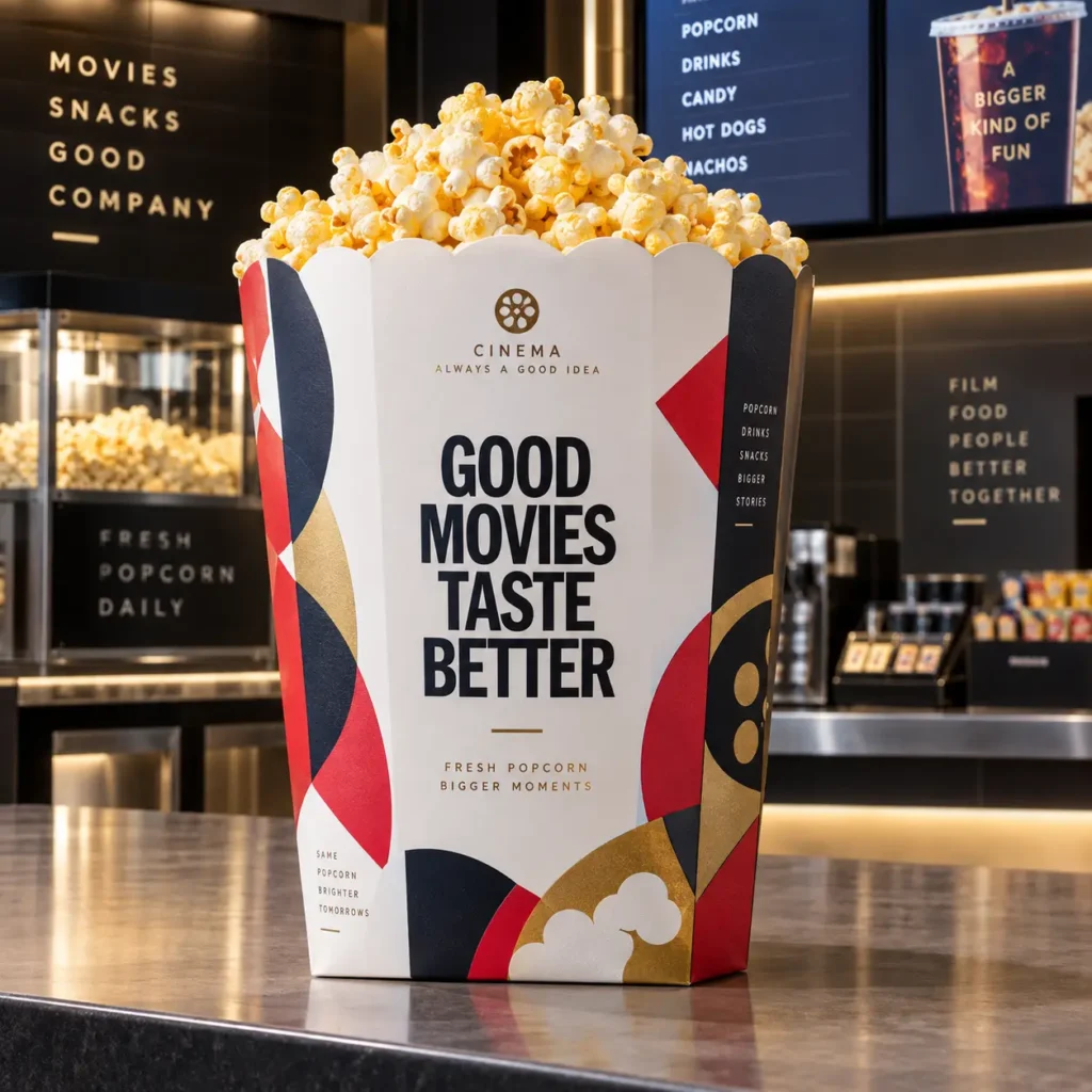 Cinema popcorn box packaging design in red, navy, gold with bold typography reading Good Movies Taste Better at movie theater concession stand