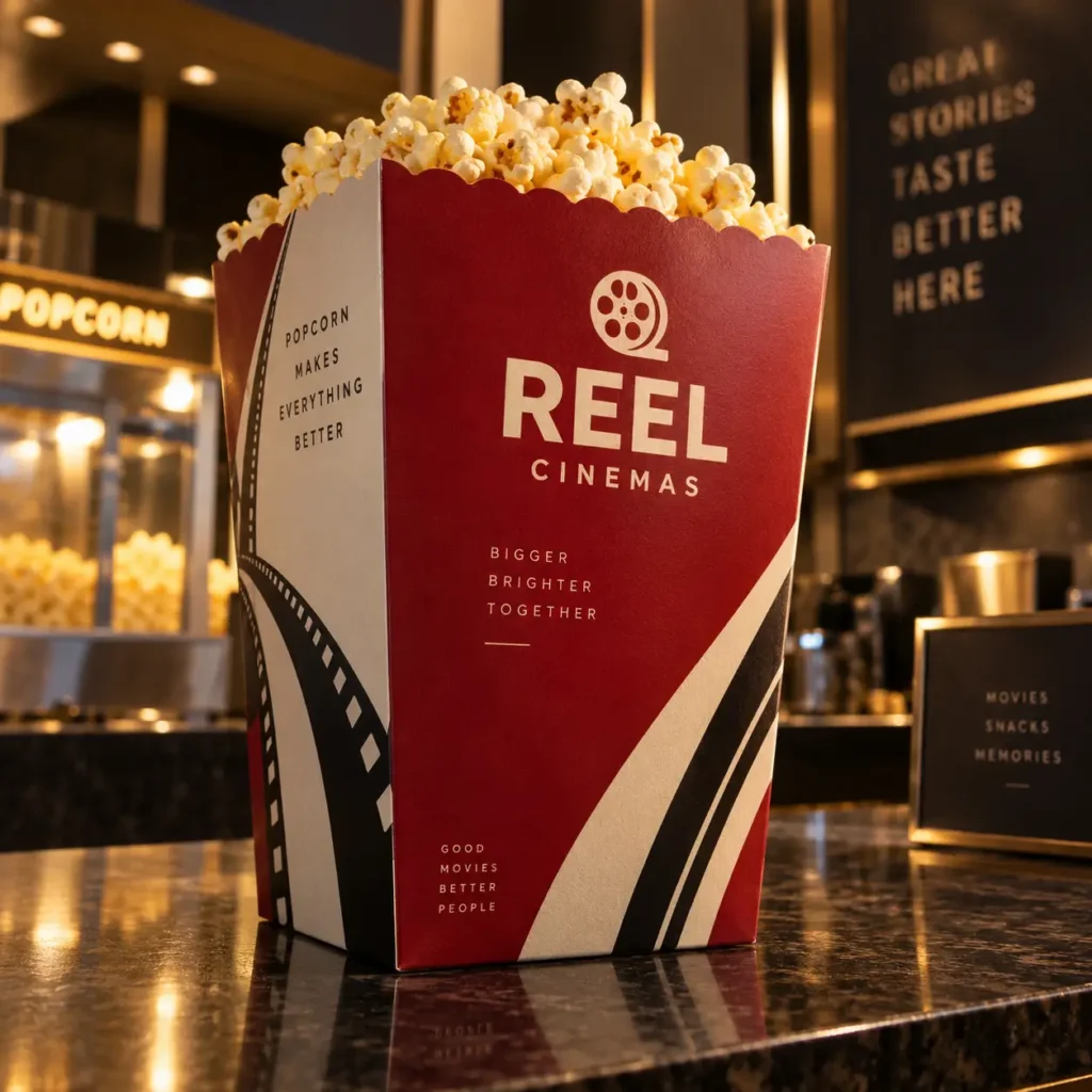 Red Reel Cinemas popcorn box with film reel design, overflowing with fresh popcorn, on a marble cinema counter