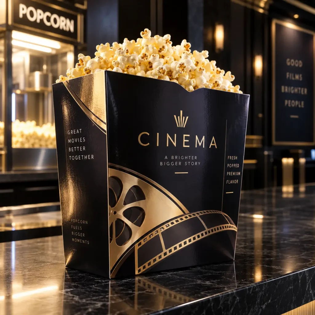 Luxury black gold cinema popcorn box packaging with film reel design on marble counter, premium movie theater branding