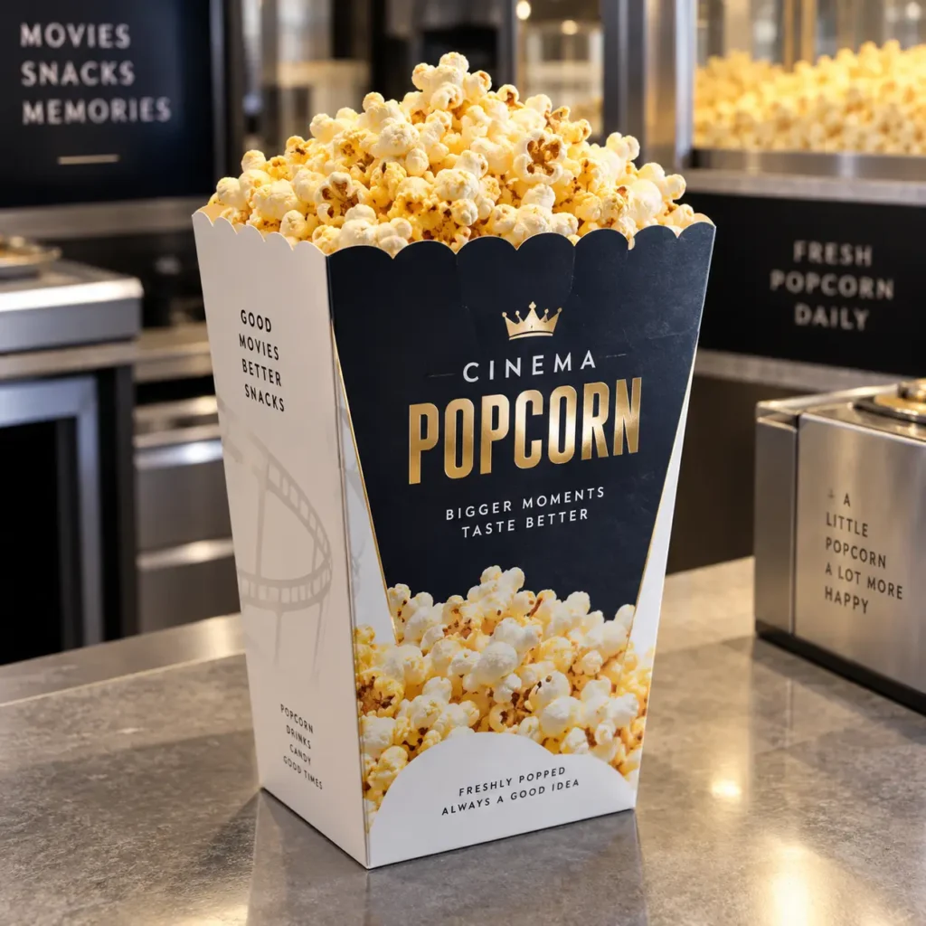 Navy gold Cinema Popcorn custom box overflowing with fresh popcorn on cinema counter, premium packaging design by The Packaging Masters