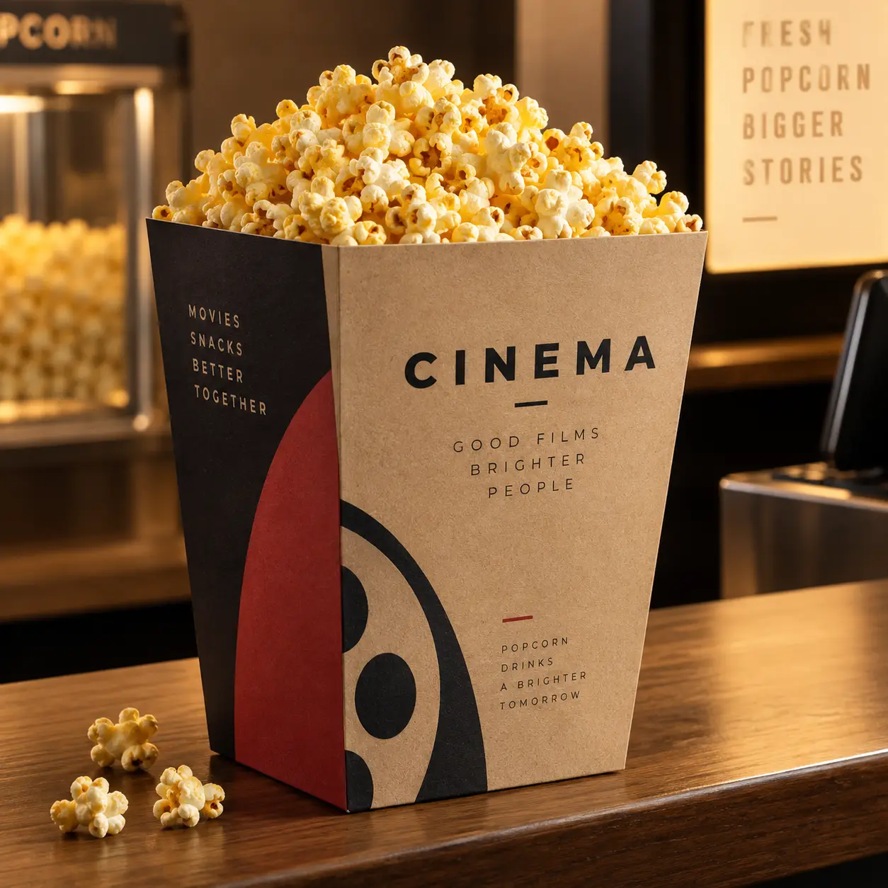 Kraft cinema popcorn box with bold black-red film reel design, filled with fresh buttered popcorn on wooden concession counter