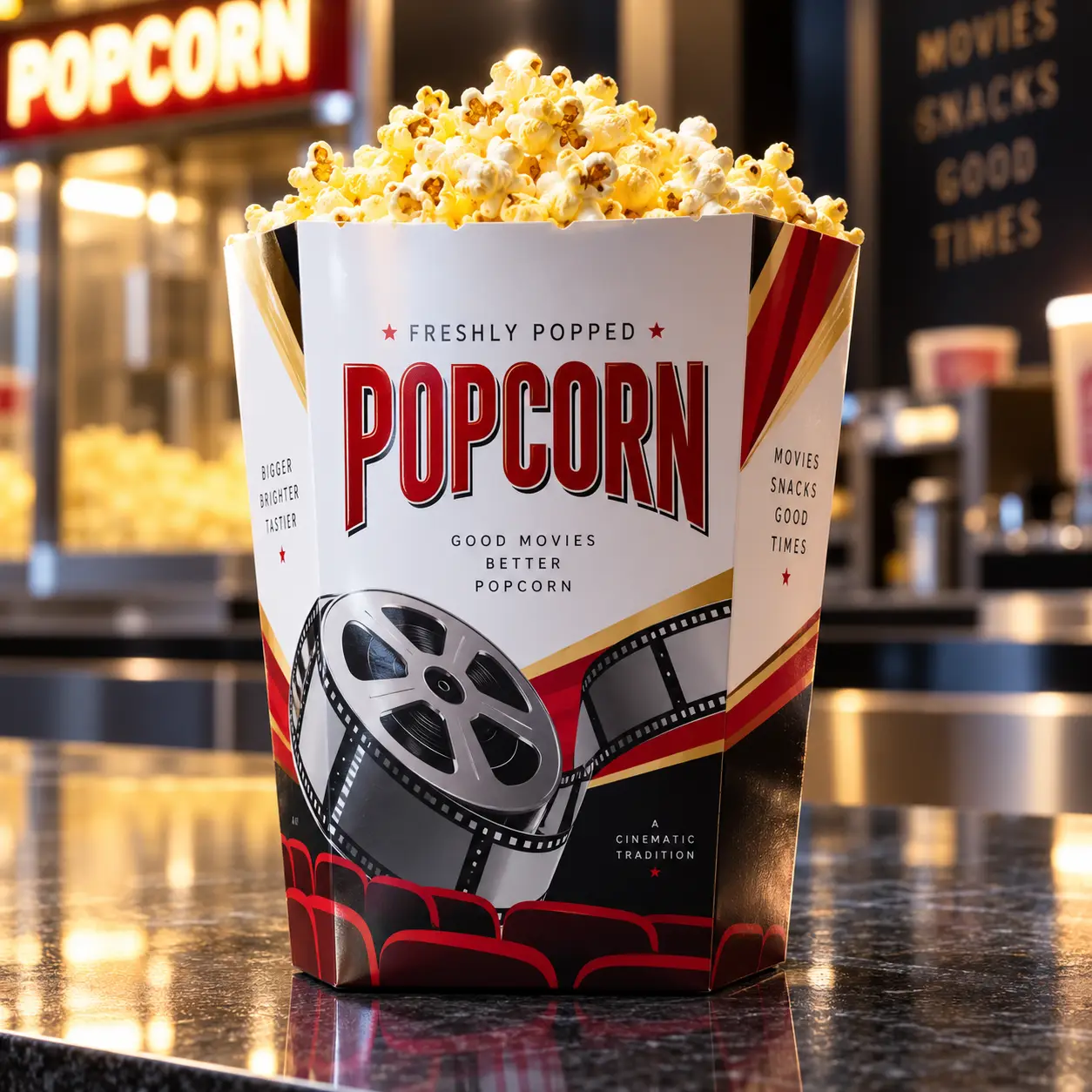 Classic cinema popcorn bucket with red gold film reel design overflowing with fresh buttered popcorn at movie theater concession stand