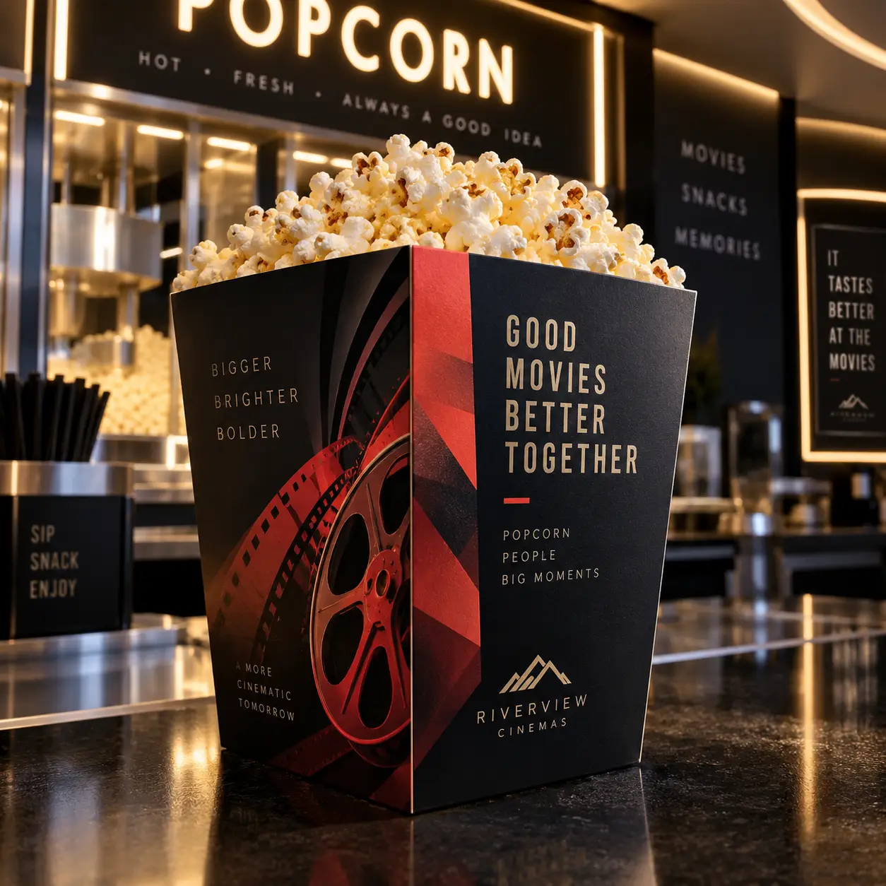Black and red Riverview Cinemas popcorn box with film reel design, filled with fresh popcorn, displayed at cinema concession counter