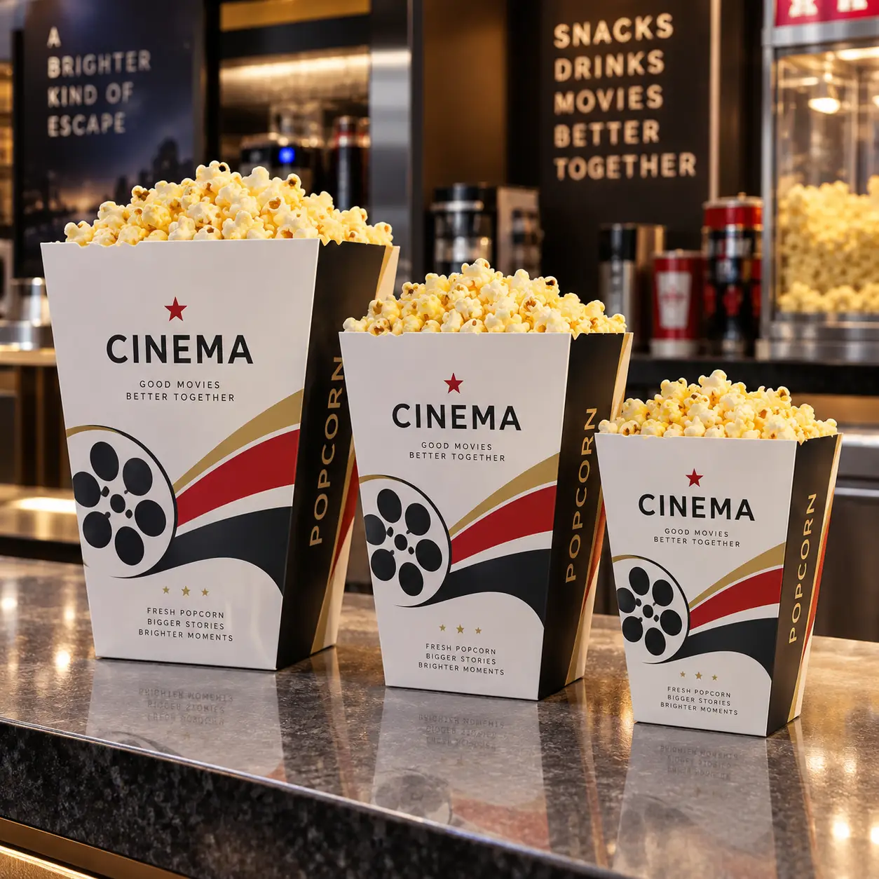 Three white black gold cinema popcorn boxes with red film reel design displayed at movie theater concession counter
