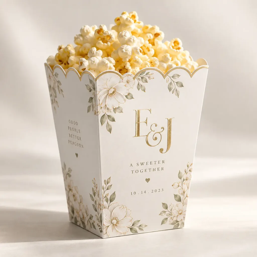 Elegant white gold floral wedding popcorn box favor with E&J monogram, date 10.14.2023, filled with fresh popcorn