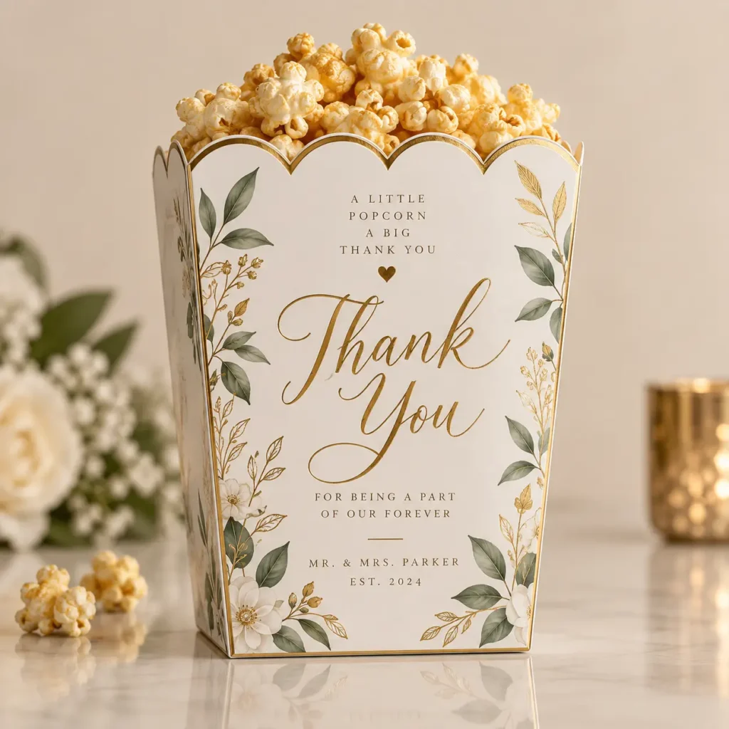 White gold floral wedding popcorn favor box reading Thank You Mr & Mrs Parker EST 2024, filled with caramel popcorn, elegant event packaging
